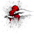 A scorched, crumbling heart in a woman's hand. Vector hand drawn illustration. Color illustration design for print, poster.