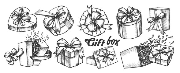 Wall Mural - gift box with ribbon collection vintage set vector. different form and material present box. ornamen