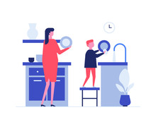 Mother And Son Washing Dishes Flat Vector Illustration