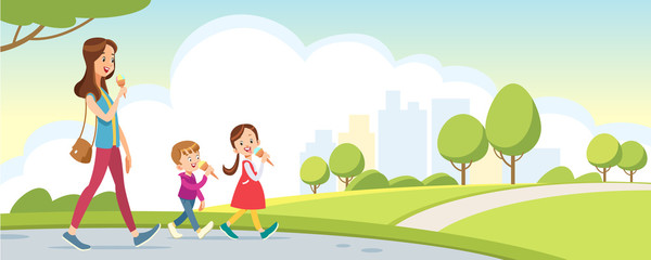 Mother and daughter and son walk in the Park. Happy family mother and kids eating ice cream. Cartoon style. Vector illustration