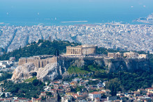 Athens In Spring, View From Hill,  Cityscape With Acropolis, Streets And Buildings, Ancient Urbal Culture
