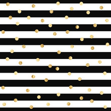 Vector Seamless Pattern With Gold Glitter Polka Dots On Black And White Stripes Background