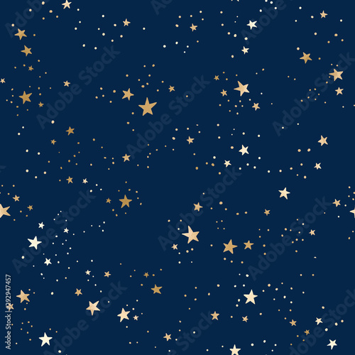Cotton fabric Seamless blue space pattern with gold constellations and stars