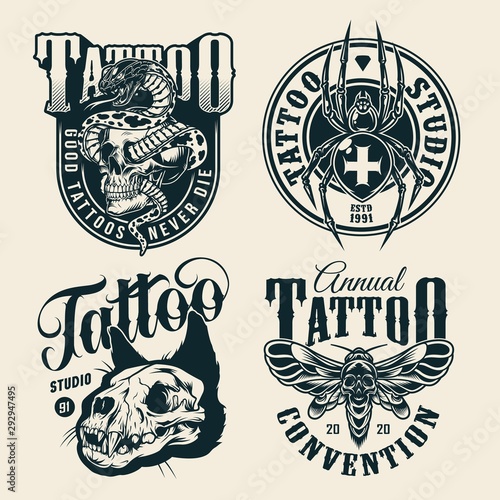 Vintage monochrome tattoo studio labels