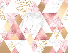 Seamless Geometric Pattern With Metallic Lines, Rose Gold, Gray And Pink Marble Triangles