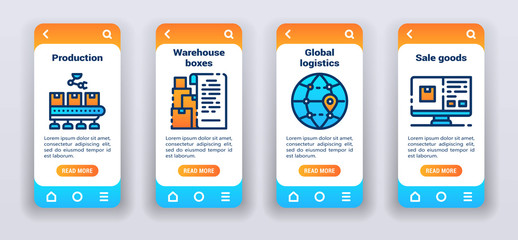 Product distribution on mobile app onboarding screens. UI UX GUI template