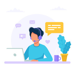 Wall Mural - contact us. man with headphones and microphone with computer. concept illustration for support, assi
