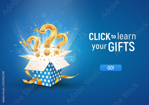 Fotomural Open textured blue box with question signs and confetti explosion inside and on blue background