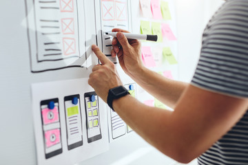 Wall Mural - web designer drawing sketch of website with black marker pen on whiteboard