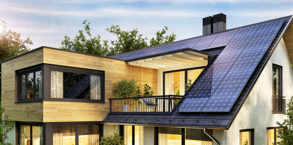 Solar panels on the gable roof of a modern house - obrazy, fototapety, plakaty 
