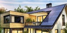 Solar Panels On The Gable Roof Of A Modern House