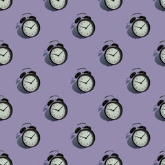 Wall Mural - Many black classic style alarm clock with hard shadow isolated on purple background. Smile time concept. Seamless pattern