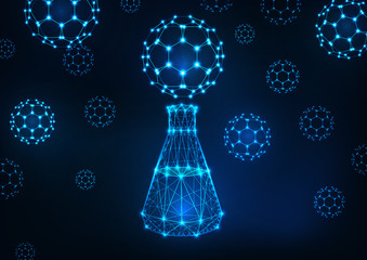 Futuristic science background with glowing low polygonal flask and fullerene buckyball molecules.