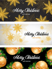 Wall Mural - Merry Christmas banner set with gold snowflakes and balls
