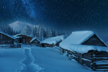 Fairytale Landscapes Of The Winter Carpathian Mountains With A Charming Milky Way In The Sky Tourist Tents And Snowy Houses In The Valleys