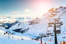 Ski Resort In Winter Dolomite Alps. Val Di Fassa, Italy. Beautiful Mountains And The Blue Sky, Winter Landscape