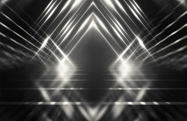 Empty background scene. Dark reflection of the street on wet asphalt. Rays of neon light in the dark, smoke. Background of an empty stage show. Abstract dark background.