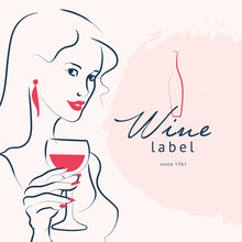 Vector Hand Drawn Portrait Of Young Beautiful Lady Hold Wine Glass Isolated On White Background. Wine Logo Template. Sketch Style. Concept For Restaurant Logo, Bar, Happy Cocktail Hour, Wine Brand.