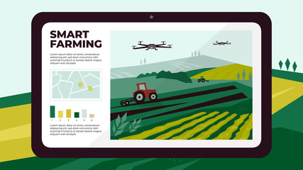 Illustration of  smart farm with drone control by tablet. Innovation technology for agricultural company. Automation farming with remote controllable tractors. Template for web, print, flyer, report.
