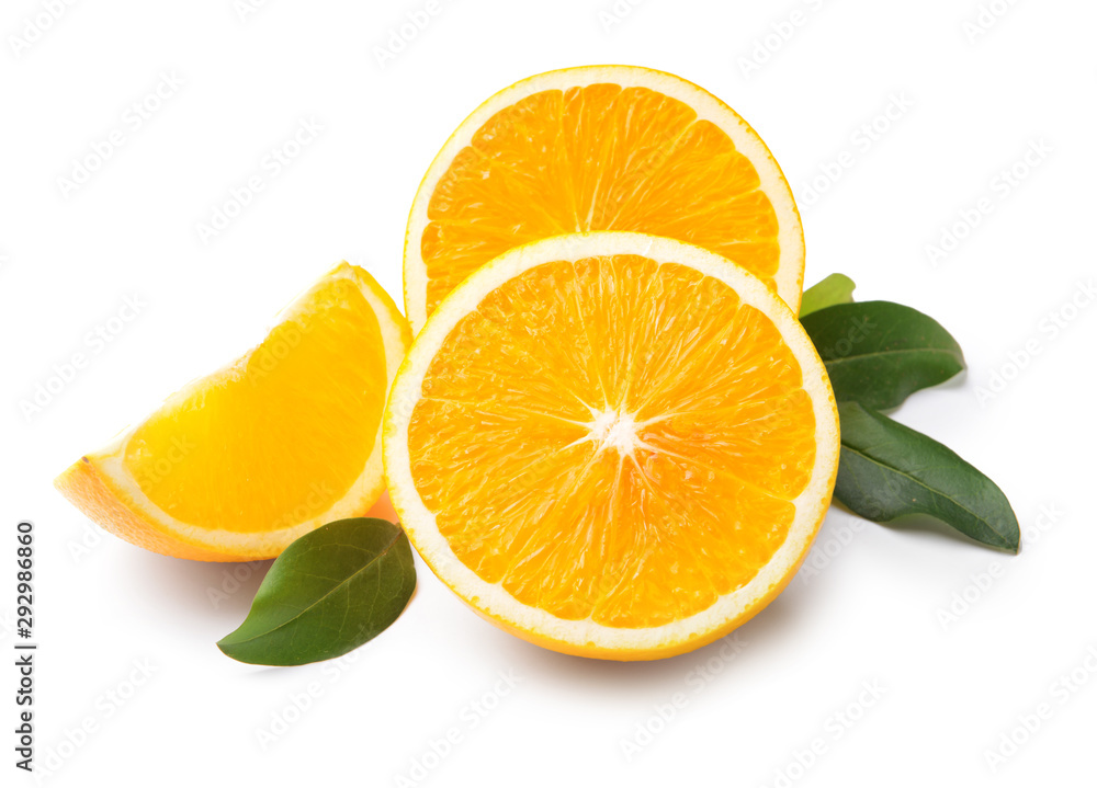 Ripe oranges on white background