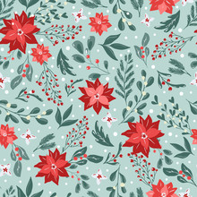 Seamless Pattern With Hand Drawn Poinsettia Flowers And Floral Branches And Berries, Mistletoe, Christmas Florals. Repeating Background For Wrapping Paper, Fabric, Stationary Products Decoration.