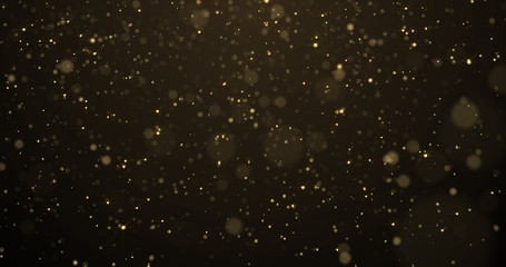 Wall Mural - Golden glitter rain, gold particles glow with falling snow bokeh light effect. Golden sparks splash, shimmer glow flow on black background
