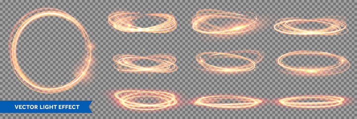 fire light circles trails of sparkling gold glitter, vector glow flare swirls on transparent backgro