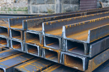 Steel Channel On A Construction Site. The Use Of Steel Channel To Strengthen The Foundation Of The House In A Construction Site.