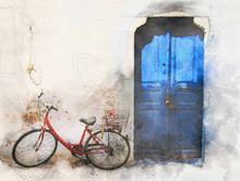Watercolor Image Of An Old Red Bike Outside A Greek House With Whitewashed Walls And A Blue Painted Door In Bright Sunlight