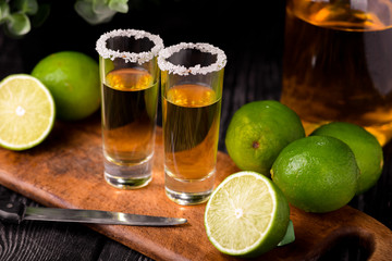 Wall Mural - Mexican Gold Tequila with lime and salt on black background with copyspace.