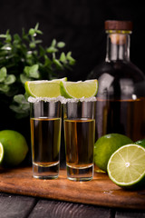 Wall Mural - Mexican Gold Tequila with lime and salt on black background with copyspace.