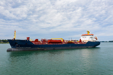 Chemical and oil products tanker anchored at the Port of Montreal in the St. Lawrence River.