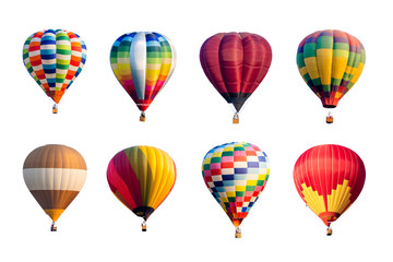 Set of colorful hot air balloons isolated on white background.