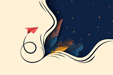 Aufkleber - Red paper airplane flying on dark blue background with plants and leaf landing page website template.Business concept vector illustration.