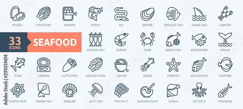 Fotomural Fish and seafood elements - thin line web icon set