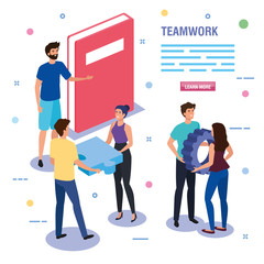 Sticker - teamwork people with book and icons