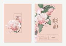 Floral Wedding Invitation Card Template Design, Pink Anise Magnolia Flowers And Calla Lily On Light Red, Pastel Vintage Theme