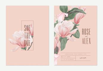 Wall Mural - Floral wedding invitation card template design, pink Anise magnolia flowers and calla lily on light red, pastel vintage theme