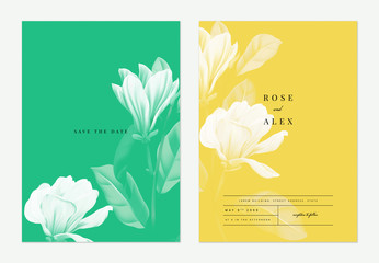 Wall Mural - Floral wedding invitation card template design, Anise magnolia flowers with leaves on green and yellow, two tones color