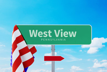 West View – Pennsylvania. Road or Town Sign. Flag of the united states. Blue Sky. Red arrow shows the direction in the city. 3d rendering