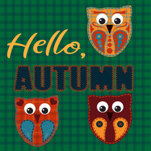 Autumn Patchwork Vector Color Postcard With Birds