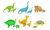 Fototapeta  - Cute Mother and Baby Dinosaurs Set, Loving Parents and Kids Prehistoric Animals Vector Illustration