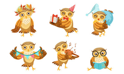 Sticker - Cute Owl Cartoon Character Set, Adorable Funny Bird Different Activities Vector Illustration