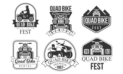 Sticker - Quad Bike Fest Premium Retro Labels Set, Rental Service Monochrome Badges Vector Illustration