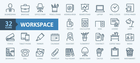 Wall Mural - Office workspace elements - thin line web icon set. Outline icons collection. Simple vector illustration.