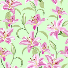 Lily Flower Seamless Pattern On Green Background, Pink Lily Floral Vector Illustration