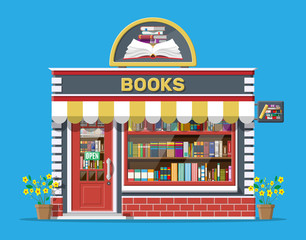 Wall Mural - Bookstore shop exterior. Books shop brick building. Education or library market. Books in shop window on shelves. Street shop, mall, market, boutique facade. Vector flat style illustration.