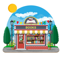 Wall Mural - Bookstore shop exterior. Books shop brick building. Education or library market. Books in shop window on shelves. Street shop, mall, market facade. Nature outdoor cityscape. Flat vector illustration