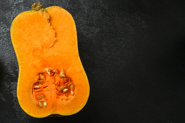 pumpkin, healthy food and vitamins (fresh orange harvest, healthy food) menu concept. food background. copy space. Top view