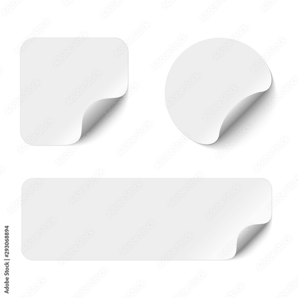 Blank adhesive stickers mock up with curved corner. Mockup empty sticky label. - obrazy, fototapety, plakaty 